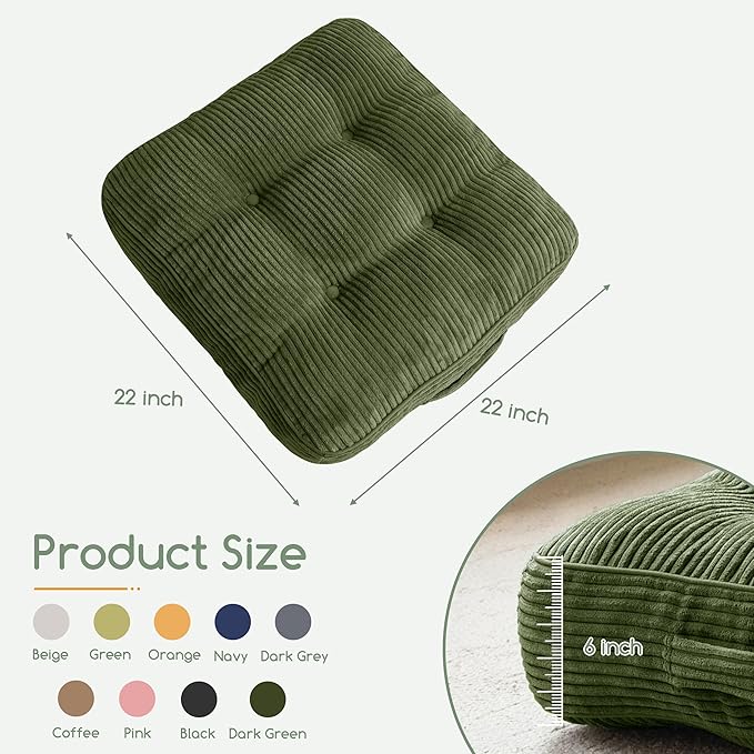 HIGOGOGO 6" Extra Thick Floor Pillow Cushion for Adults, Meditation Cushion Pillow, Large Square Floor Sitting, Tufted Corduroy Cover, for Tatami Living Room or Yoga, 22x22 Inch, Dark Green