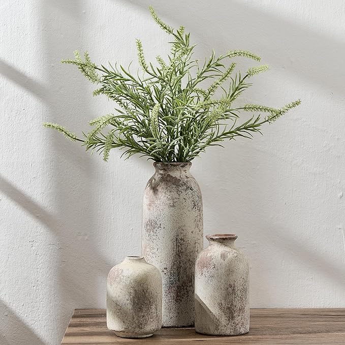 Ceramic Vase Set of 3, Decorative Terracotta Farmhouse Rustic Vases for Living Room Kitchen Bedroom Bathroom Entryway Mantel Table, Pottery Home Decor for Bouquet Pampas Grass Dried Fresh Flowers
