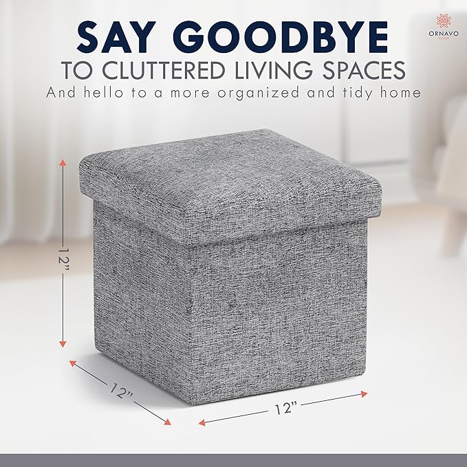 Ornavo Home Small Storage Ottoman Foldable Collapsible Cube Square Linen Ottoman Foot Rest Stool Seat, for Living Room, Bedroom, Home Office, Dorm - 12 x 12 x 12, Gray