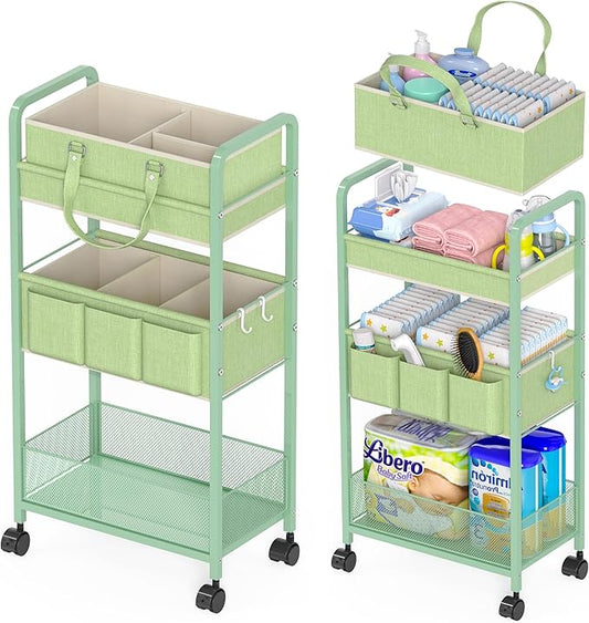 2in1 Baby Diaper Caddy Organizer Cart, 3-Tier Rolling Cart, Metal Diaper Caddy Carts, Bedside Carts for Nursery Essentials Storage, Detachable Dividers, Large Capacity, Green