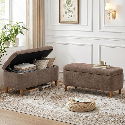 39.4”Ottoman with Storage Set of 2,Upholstered Comfy Storage Bench Ottoman with Wooden Legs,End of Bed Bench Footstool for Hallway Entryway Bedroom Living Room Corner Brown