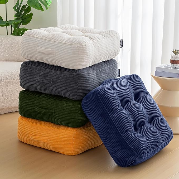 HIGOGOGO 8" Extra Thick Floor Pillow Cushion for Adults, Meditation Cushion Pillow, Large Square Floor Sitting, Tufted Corduroy Cover, for Tatami Living Room or Yoga, 22x22 Inch, 2Pack, Dark Green