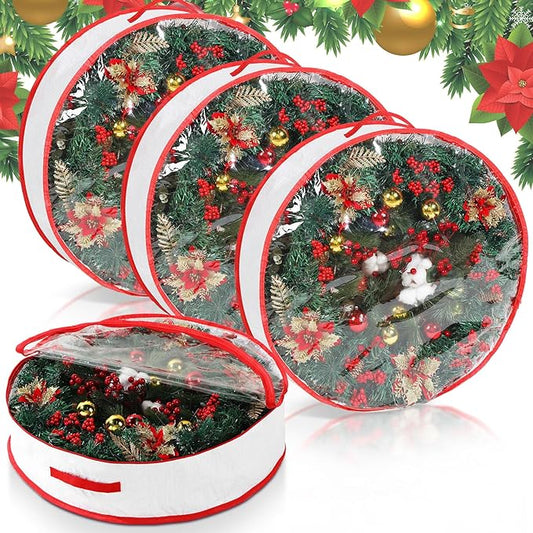 Aliceset 4 Pack Wreath Storage Containers, Ornament Garland Wreath Storage Bags with Handle Zipper Decorative Storages Box for Winter Valentine Wreaths(30 x 30 x 7.8 Inch,White)