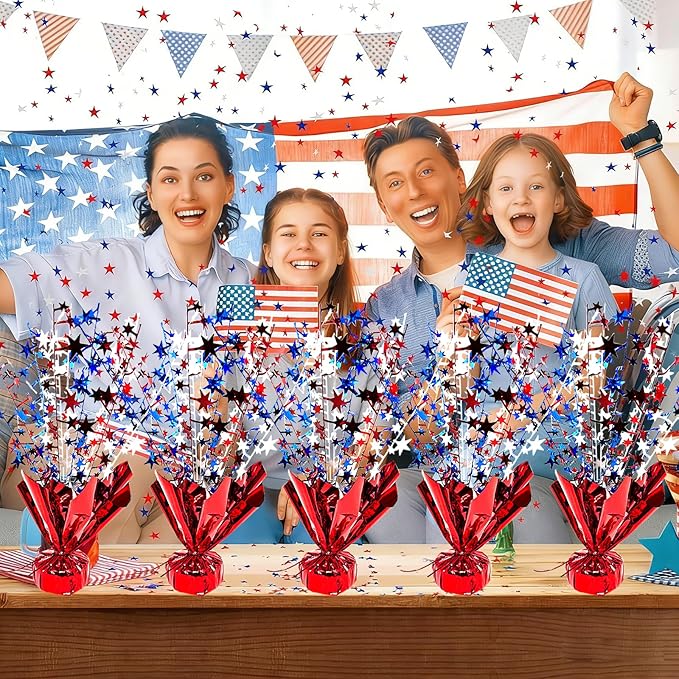 FUBININA 6 Pack 4th of July Table Centerpiece Decoration Metallic Foil Spray Star Burst Patriotic Decor 250th Anniversary Independence Day Labor Veteran Memorial Day Party Supplies, Red White and Blue