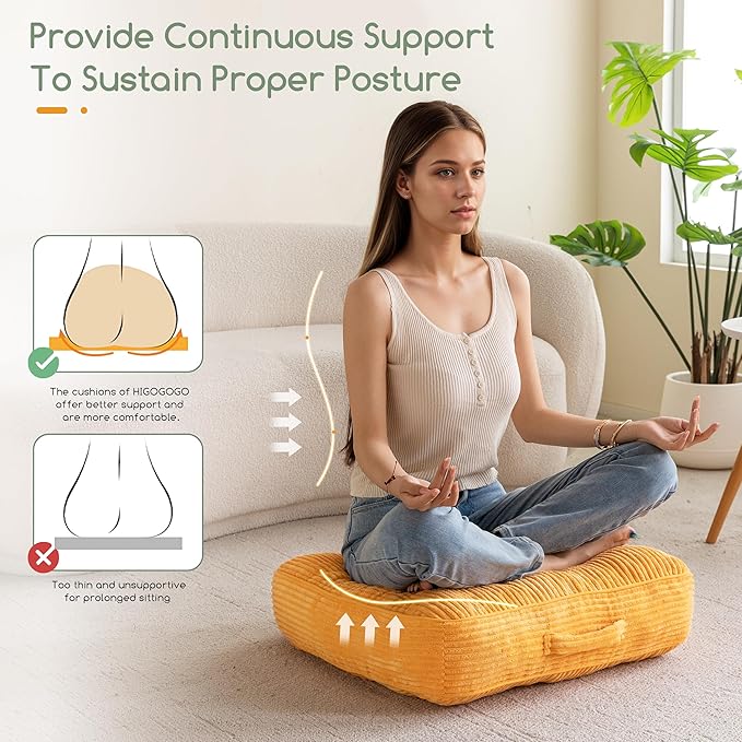 HIGOGOGO 6" Extra Thick Floor Pillow Cushion for Adults, Meditation Cushion Pillow, Large Square Floor Sitting, Tufted Corduroy Cover, for Tatami Living Room or Yoga, 22x22 Inch, Orange