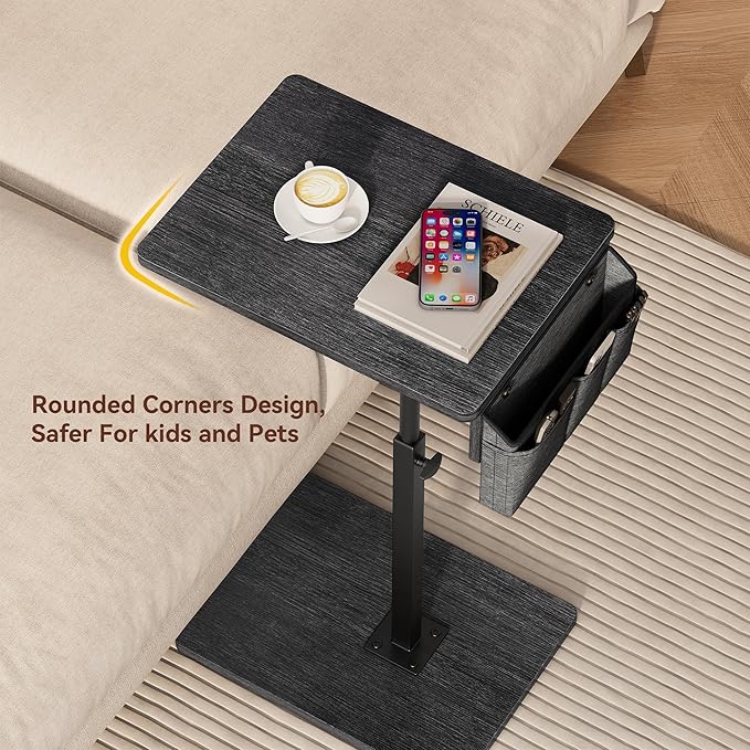 Vagusicc Sofa Armrest Tray Table for Couch, 360° Swivel Height Adjustable TV Tray Table for Small Spaces, Snack Side Table for Couch, Bed, Chair, C Shaped End Side Table for Eating, Reading, Laptop