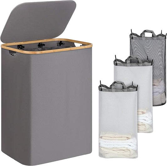 iEGrow Laundry Basket with Lid, 110L Laundry Hamper with Bamboo Handle,Clothes Basket Organizer with Removable Inner Bag for Clothes Toys Towels,Light Grey