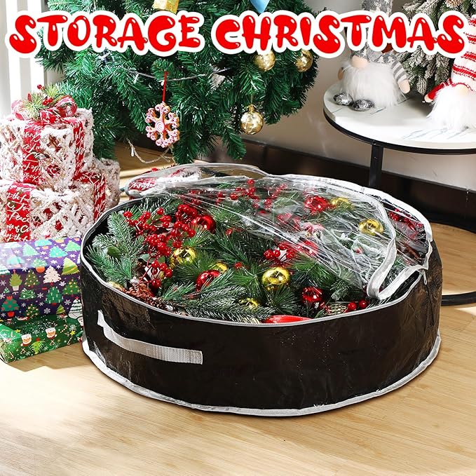 Aliceset 4 Pack Wreath Storage Containers, Ornament Garland Wreath Storage Bags with Handle Zipper Decorative Storages Box for Winter Valentine Wreaths(30 x 30 x 7.8 Inch,Black)