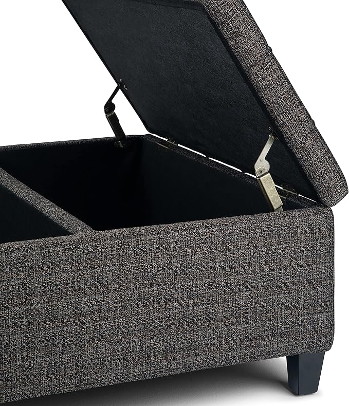 SIMPLIHOME Harrison Coffee Table Storage Ottoman - 36 inch Wide Upholstered Tweed Look Fabric Square Lift-Top Ottoman in Ebony, Transitional Ottoman for Living Room with Hidden Storage