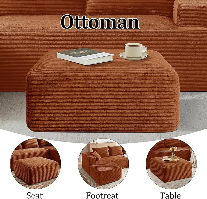 Corduroy Ottoman, Modern Boneless Cloud Foot Rest Foam Support, Oversized Modular Sectional Sofa Rectangel Stool for Living Room, Bedroom & Small Spaces, No Assembly Required (Orange, Ottoman)