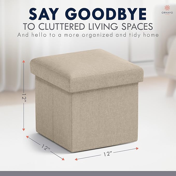 Ornavo Home Small Storage Ottoman Foldable Collapsible Cube Square Linen Ottoman Foot Rest Stool Seat, for Living Room, Bedroom, Home Office, Dorm - 12 x 12 x 12, Taupe