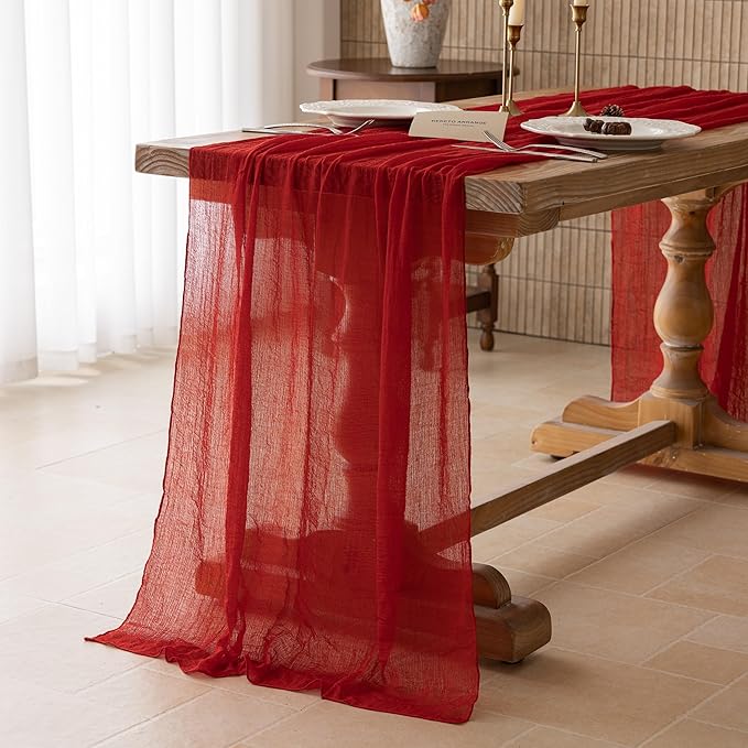Keketoarrange Red Cheesecloth Table Runner Cheese Cloth Rustic Gauze Table Runner 120 Inch 10 FT for Wedding Baby Bridal Shower Sheer Boho Holiday Spring Home Decorations