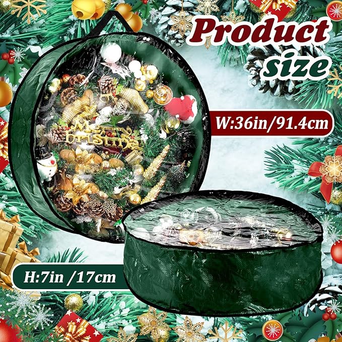 Dunzy 8 Pieces Wreath Container Christmas Wreath Storage Bag Garland Tear Resistant Fabric Round Boxes with Clear Window for Storage for Xmas Holiday Ornament(36×36×7.8 Inch,Green)