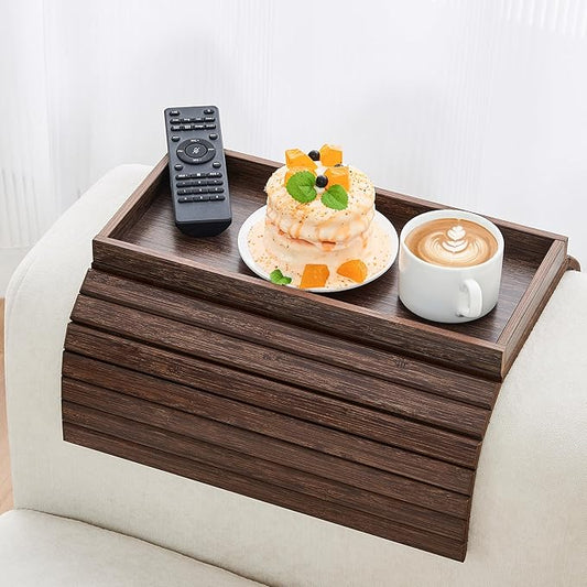 LOVYANXUE Couch Arm Tray, Anti-Falling Bamboo Sofa Armrest Tray Table, Foldable & Portable Armrest Tray Cup Holder Side Table for Drinks, Coffee, Phone, Snacks, Remote