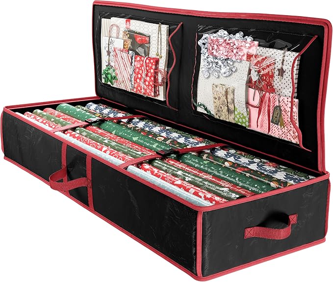 Heavy Duty Wrapping Paper Organizer - Black Christmas Storage Bag for Gift Bags & Decorations