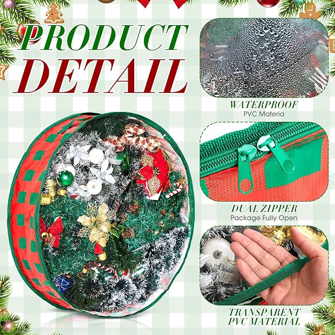 Aliceset 4 Pack Wreath Storage Containers, Ornament Garland Wreath Storage Bags with Handle Zipper Decorative Storages Box for Winter Valentine Wreaths(30 x 30 x 7.8 Inch,Red Green Plaid)