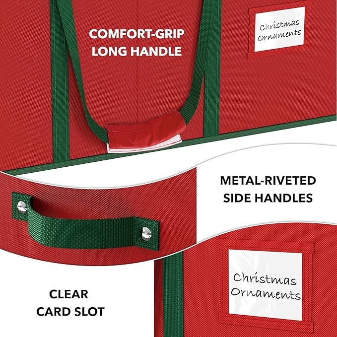 Simple Houseware Heavy-Duty Large Christmas Ornament Storage Box with Adjustable Dividers, Stores up to 128 Ornaments, Zipper Lid, Red