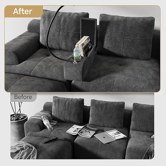 Multifunctional Couch Caddy Sofa Armrest with Couch Cup Holder, Charging Console, Phone Holder, Storage 20.3'' Removable Dark Grey Chenille Sofa Arm Rest Caddy Organizer for Sofas Couches