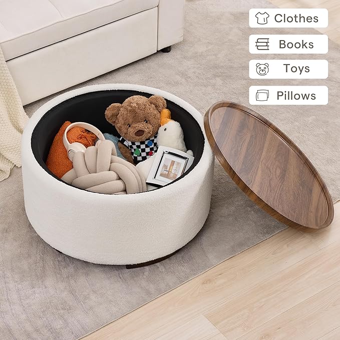 29.5 Inch Round Storage Ottoman Coffee Table,Modern Circle Coffee Table with Storage with Removable Lid Top and Solid Wood Legs,Large Round Ottoman for Bedroom,Living Room,Teddy Fleece,Beige