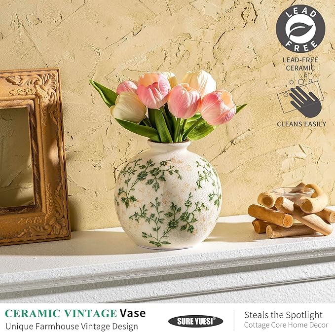 for Mom from Daughter or Son, Green Pastoral Round Ceramic Vase 5.9”, Vintage Floral Rustic Farmhouse Vase, Chinoiserie Tuscan Cottage Core Decor for Living Room, Office