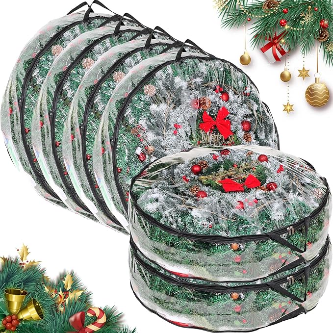Shappy 6 Pcs 36 Inch Back to School Wreath Storage Container Clear Wreath Storage Bags PVC Waterproof Garland Bags with Clear Window Dual Zippers and Handles for Holiday Artificial Garland (Black)