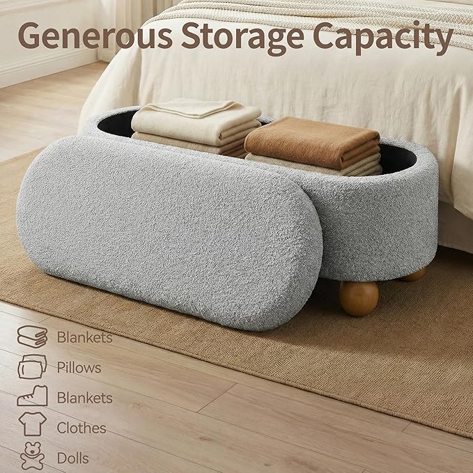VKNOW 44.8" Storage Ottoman Bench End of Bed Bench, Thickened Upholstered Blanket Chest for Living Room, Entryway Bench with Cute Spherical Solid Wood Stool Legs for Bedroom, Grey