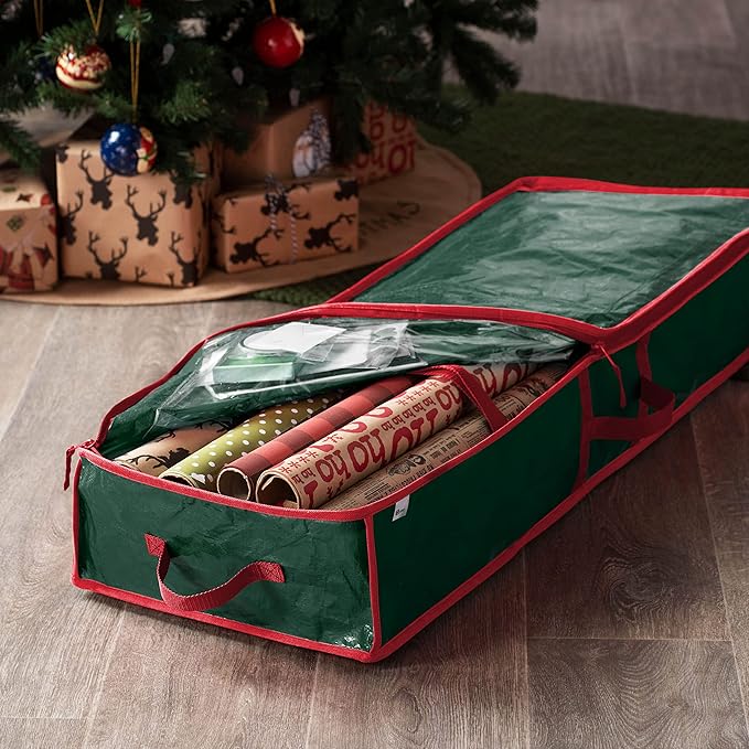 ZOBER Gift Wrapping Paper Organizer Storage - 40" Gift Wrap Storage Containers with Interior Pockets for Bows, Tags & Ribbons - Wrapping Paper Holder, Waterproof, Fits 24 Standard Rolls, Green