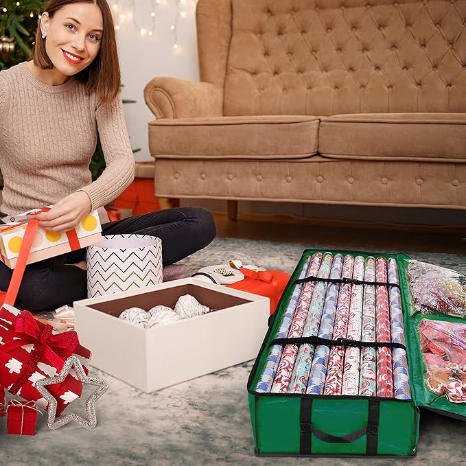 ProPik Wrapping Paper Storage Containers | Gift Wrap Organizer Under Bed 41”x14”x6” Fits 18-24 Rolls Fit Up to 40” Long Roll Wrap Storage Box Holder with Pockets for Ribbon Bows Etc (Green)