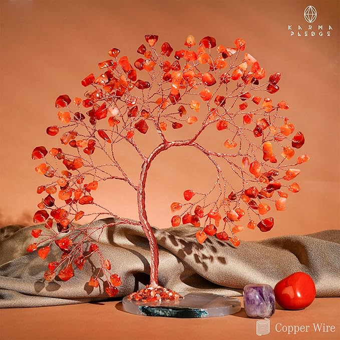 Crystal Tree of Life for Home, Office, Room, Wall Decor to Bring Money & Good Luck, Handmade Carnelian Reiki Healing Chakra Tree, Unqiue Birthday Gifts for Women, Men, Mom & Dad