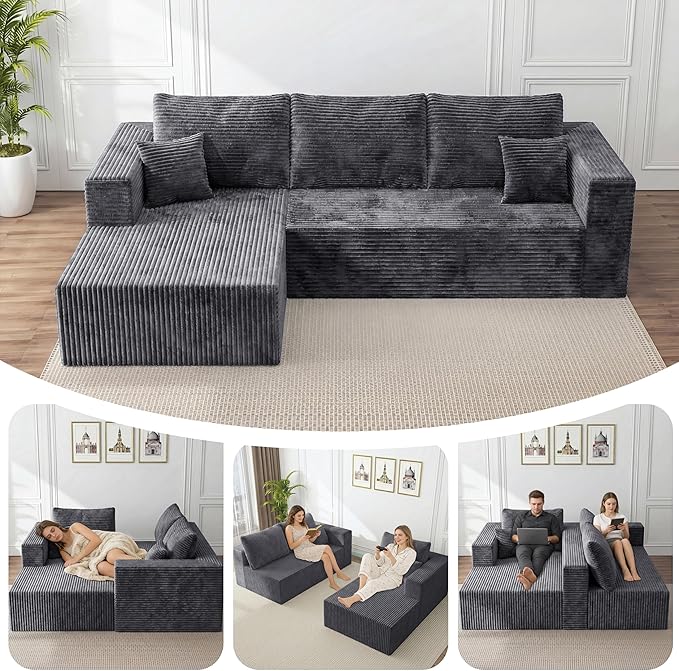 Modular Sectional Sofa, Boneless Compressed Sofa in a Box, L-Shaped Cloud Couch with Deep Seats & Chaise for Living Room, No Assembly Required (Drak Gray, 92.5" L-Shape with Left Facing Chiase) | Boneless Compressed, Sofa in a Box, Cloud Couch, Deep Se...