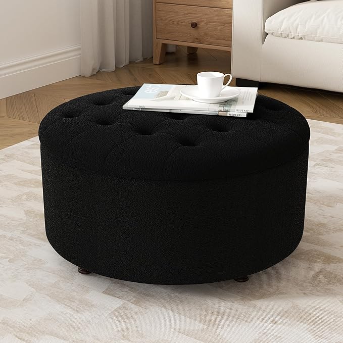 30 Inch Round Storage Ottoman,Modern Tufted Ottomans,Circular Coffee Table with Removable Top,Upholstered Large Ottoman with Storage Footrest Stool for Bedroom Living Room (Teddy Black)