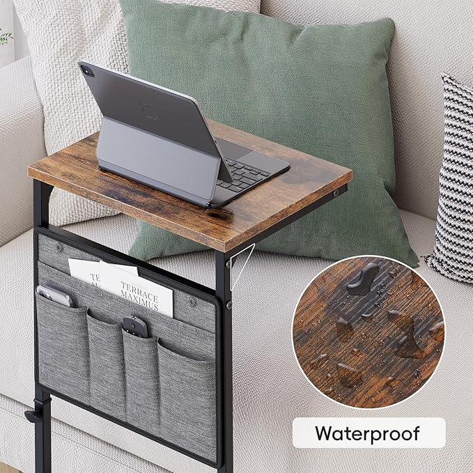 Vagusicc C Shaped End Table, Small Side Table for Couch, Adjustable Height Sofa Table with Metal Frame for Living Room, 33'' Tall Side Table for Couch, Bedroom, Bedside, Rustic Brown and Black