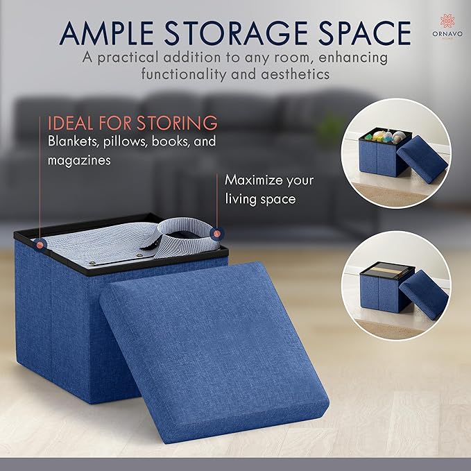 Ornavo Home Small Storage Ottoman, Set of 2 Foldable Collapsible Cube Square Linen Ottoman Foot Rest Stool Seat, for Living Room, Bedroom, Home Office, Dorm - 12 x 12 x 12, Navy Blue
