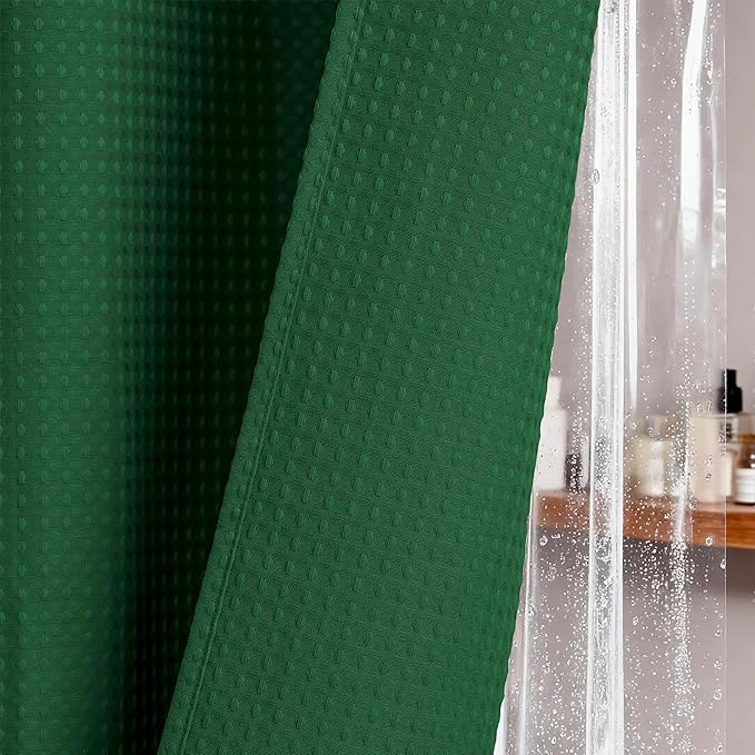 Dynamene Extra Long Shower Curtain and Liner Set - 96 inch Tall Waffle Fabric, Waterproof Clear Liner, Heavy Duty Weighted Hotel Luxury Shower Curtains for Bathroom with 12 Hooks, 72x96, Dark Green