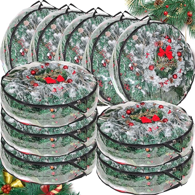 Shappy 10 Pcs 36 Inch Back to School Wreath Storage Container Clear Wreath Storage Bags PVC Waterproof Garland Bags with Clear Window Dual Zippers and Handles for Holiday Artificial Garland (Black)