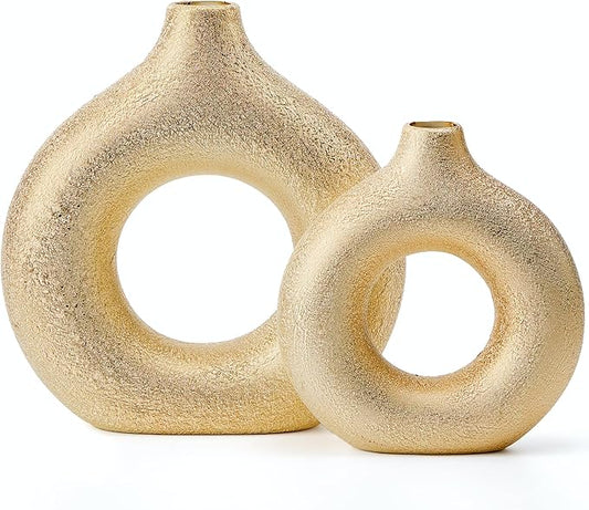 Modern Donut-Shaped Decorative Vases, Handmade Minimalist Boho ins Style, Modern Vase for Home Decor for Wedding Dinner Table Party Living Room Office Bedroom (Gold, Large + Small)