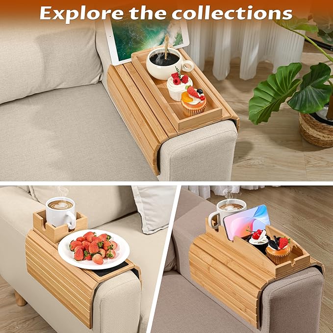 Joy&Grace Sofa Armrest Tray with Large Mug Holder, Bamboo Couch Arm Tray, Anti-Slip Couch Cup Holder Foldable Sofa Arm Table for Eating Drinks Cellphone (Color Natural)