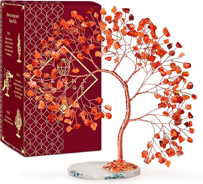 Crystal Tree of Life for Home, Office, Room, Wall Decor to Bring Money & Good Luck, Handmade Carnelian Reiki Healing Chakra Tree, Unqiue Birthday Gifts for Women, Men, Mom & Dad