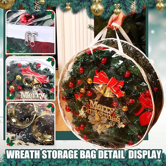 Shappy 14 Pieces Clear Christmas Wreath Storage Container 24 Inches Xmas Wreath Storage Bag Plastic Christmas Garland Container with Dual Zippers and Reinforced Handles for Xmas Seasonal (Clear)