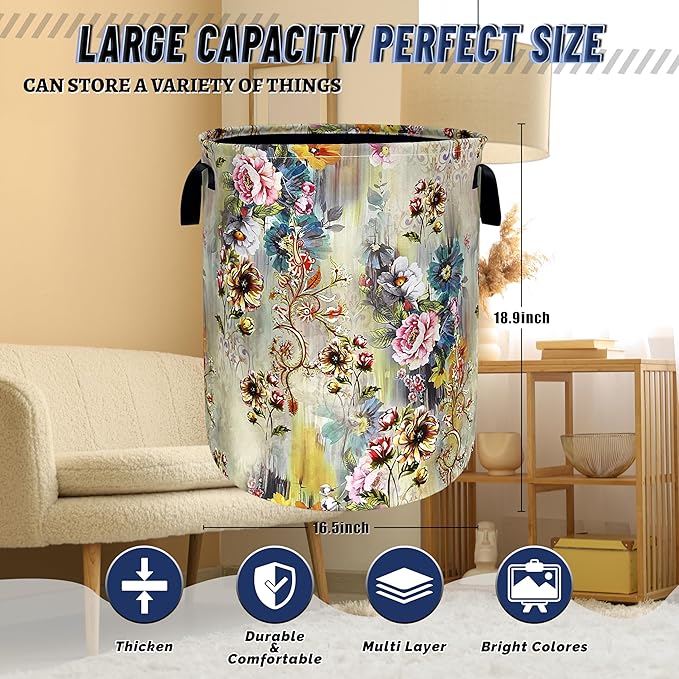 Beautiful Floral Laundry Basket Oxford Cloth Colorful Flowers Laundry Hamper With Handle Foldable Portable Clothes Storage Basket Funny Laundry Bag 18.9"x16.5" For Laundry Room/Bedroom/Bathrooms