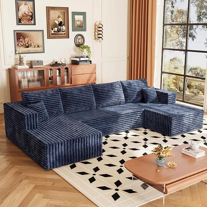 Modular Sectional Sofa, Boneless Compressed Sofa in a Box, U-Shaped Cloud Couch with Deep Seats & Chaise for Living Room, No Assembly Required (Blue, 118" U-Shape with Left Facing Chiase) | Boneless Compressed, Sofa in a Box, Cloud Couch, Deep Seats, N...