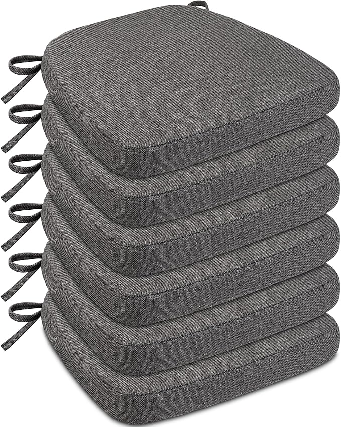 Sunsleek Chair Cushions for Dining Chairs, D-Shaped Seat Cushions with Removable Washable Cover and Ties, Chair Pads for Kitchen, Indoor Dining Room, Patio Chairs, 17'' x 16'', Set of 6, Dark Grey