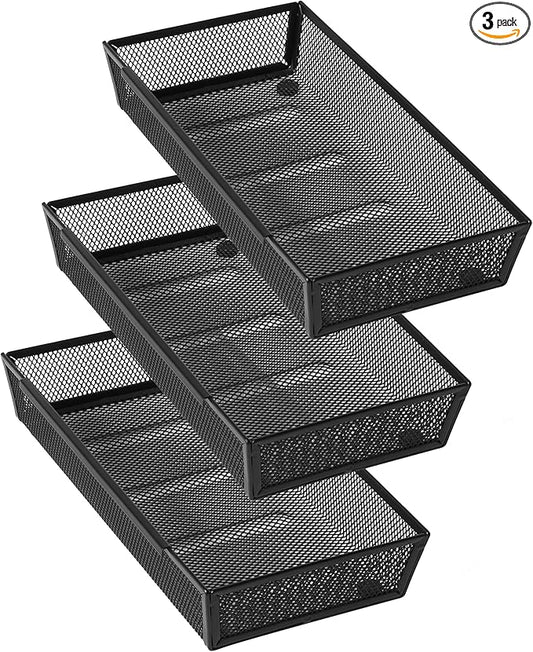 Mesh Tray Silverware Drawer Organizer, Utensil Cutlery Tray Office Supplies with Interlocking Arm Drawer Dividers Organizer for Flatware, Knives,Home,Office, School,Bedroom 12X6'' Black