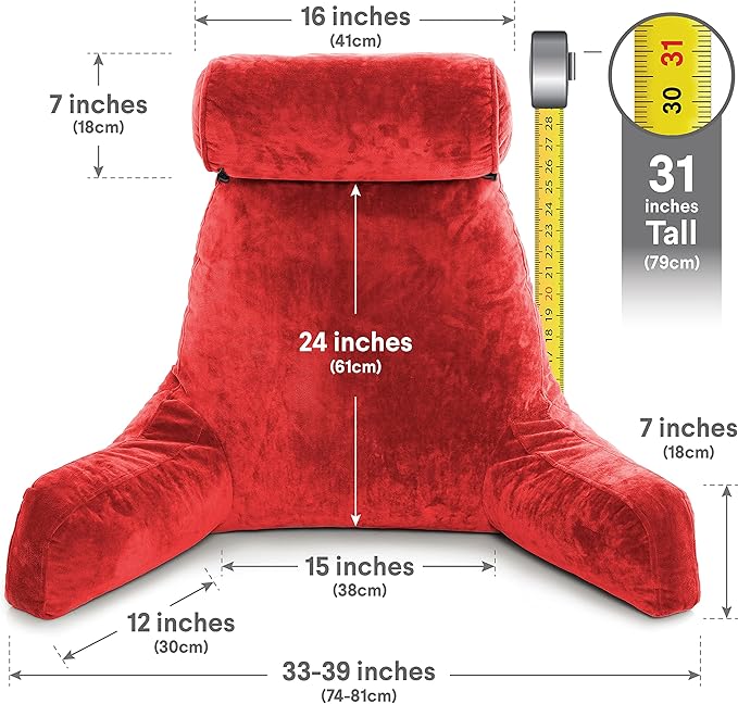 Husband Pillow XXL The Original for Adults - 30" Tall Backrest for Sitting Up in Bed - Firm Support Reading & Bed Rest Pillows for Adults, Neck Roll, Removable Cover - TV - Red