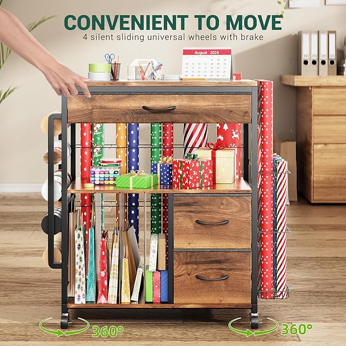 PUNLUXU Wrapping Paper Storage Cart, Rolling Gift Wrap Station with Ribbon and Gift Bag, Craft Organizer Holder, 04 MAX Patent Protected