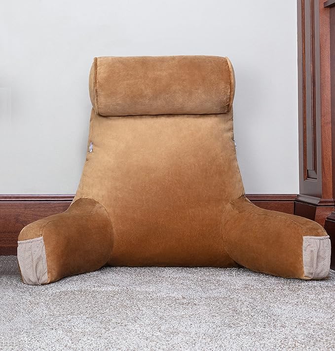 Husband Pillow Medium Reading Pillow with Arms - 23" Backrest for Sitting Up in Bed - Firm Support Bed Rest Pillow for Adults, Neck Roll, Removable Cover - TV, Reading, Lounging - Tan