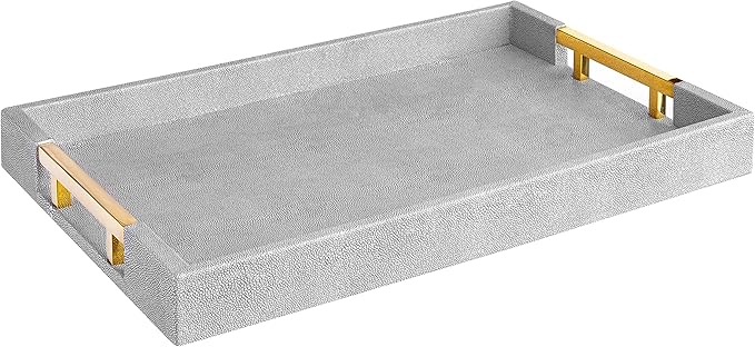 Home Redefined Modern Elegant 17.5"x12" Rectangle Glossy Grey Shagreen Faux Leather Decorative Tray Ottoman Coffee Table Perfume Kitchen Display Perfume Serving Tray with Gold Polished Metal Handles.