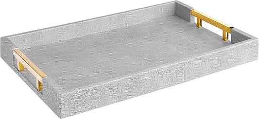 Home Redefined Modern Elegant 17.5"x12" Rectangle Glossy Grey Shagreen Faux Leather Decorative Tray Ottoman Coffee Table Perfume Kitchen Display Perfume Serving Tray with Gold Polished Metal Handles.