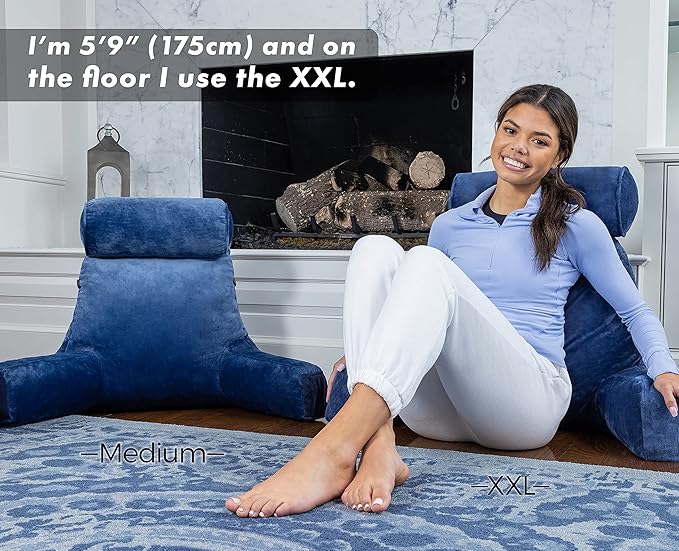 Husband Pillow Medium Reading Pillow with Arms - 23" Backrest for Sitting Up in Bed - Firm Support Bed Rest Pillow for Adults, Neck Roll, Removable Cover - TV, Reading, Lounging - Dark Blue