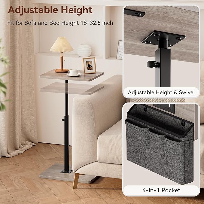 Vagusicc Sofa Armrest Tray Table for Couch - 360° Swivel Height Adjustable Side Table for Small Spaces, Snack Side Table for Bed or Chair, C Shaped End Table Snack Table for Eating Dinner Laptop